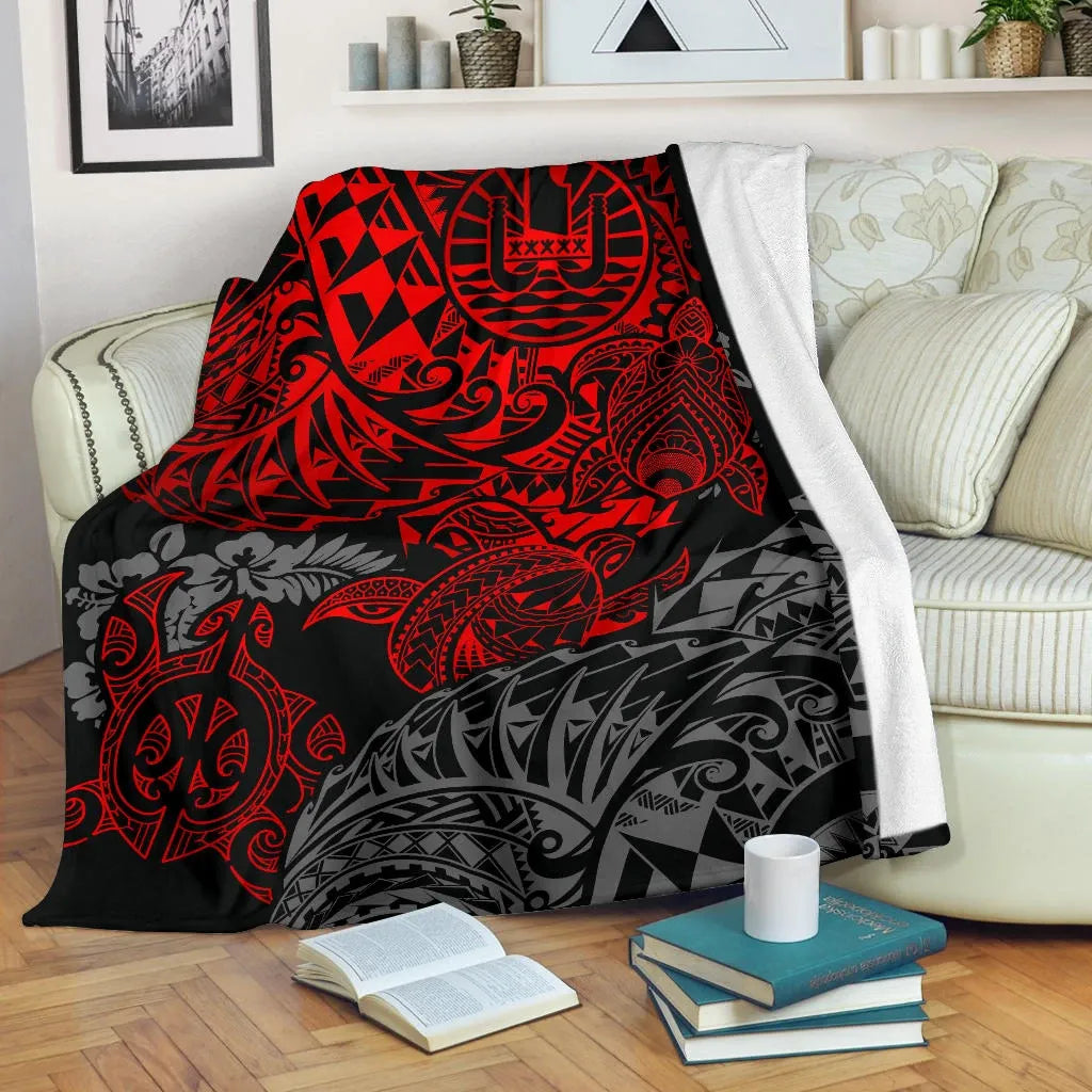 Tahiti Polynesian Premium Blanket - Red Turtle Hibiscus Flowing