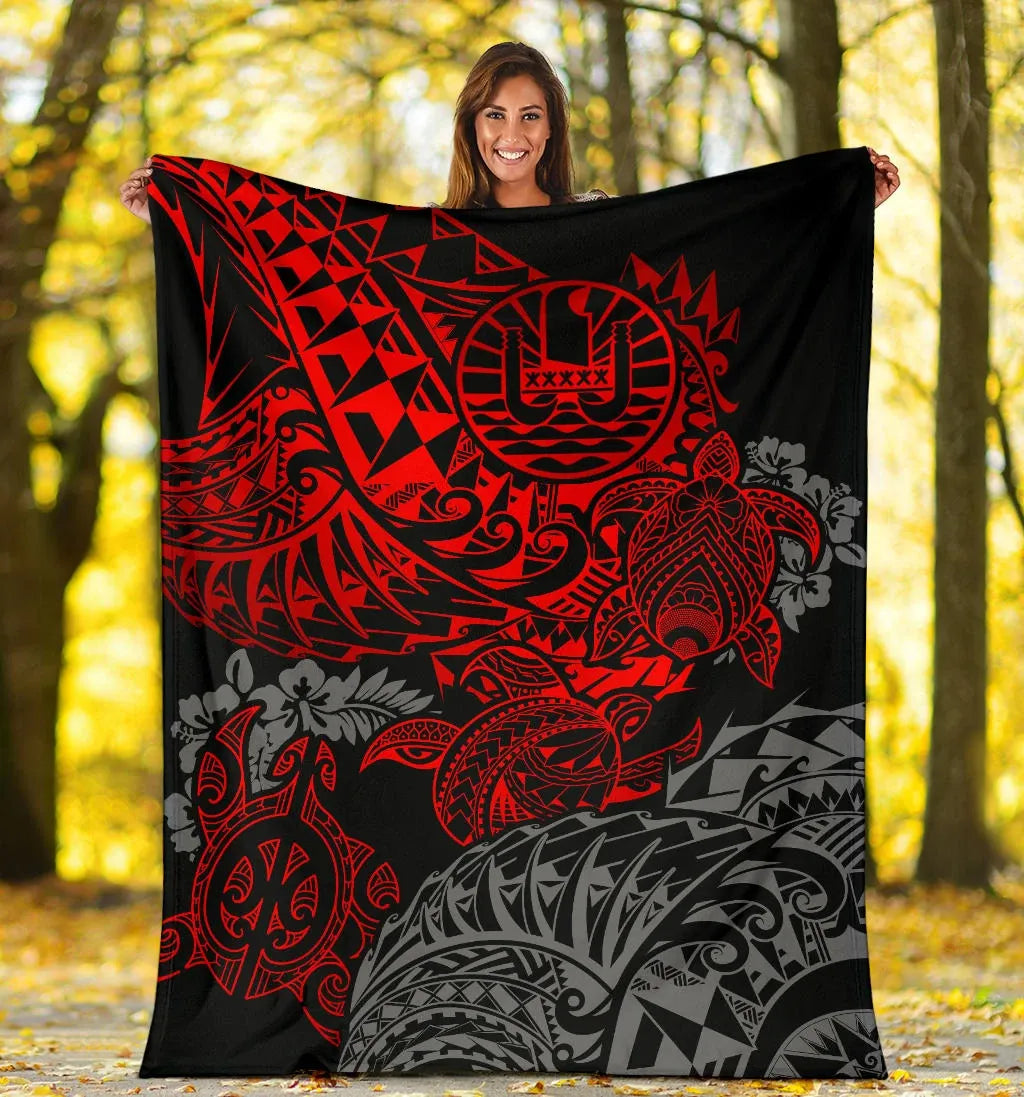 Tahiti Polynesian Premium Blanket - Red Turtle Hibiscus Flowing