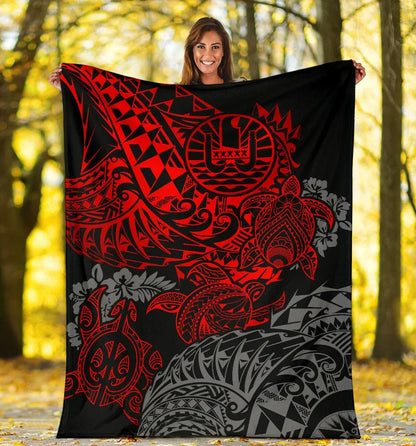 Tahiti Polynesian Premium Blanket - Red Turtle Hibiscus Flowing