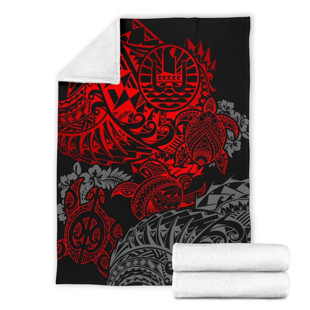 Tahiti Polynesian Premium Blanket - Red Turtle Hibiscus Flowing