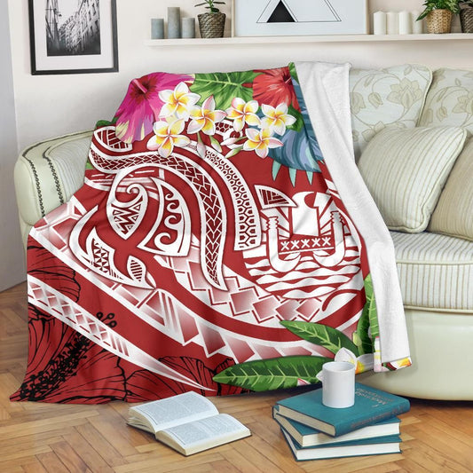 Tahiti Polynesian Premium Blanket - Summer Plumeria (Red)