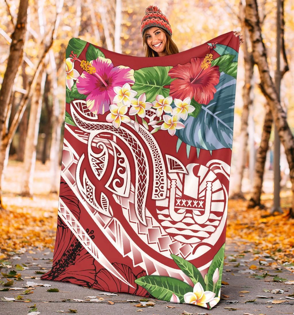 Tahiti Polynesian Premium Blanket - Summer Plumeria (Red)