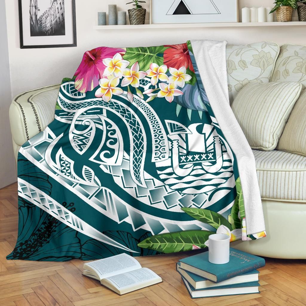 Tahiti Polynesian Premium Blanket - Summer Plumeria (Turquoise)