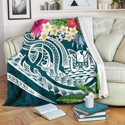 Tahiti Polynesian Premium Blanket - Summer Plumeria (Turquoise)