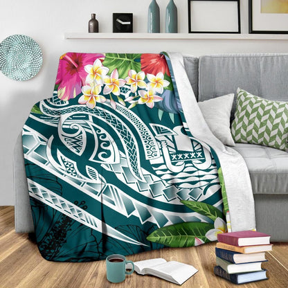 Tahiti Polynesian Premium Blanket - Summer Plumeria (Turquoise)