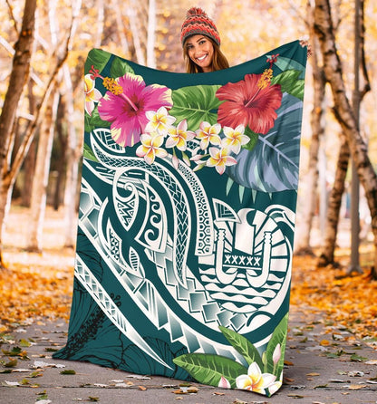 Tahiti Polynesian Premium Blanket - Summer Plumeria (Turquoise)