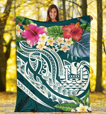 Tahiti Polynesian Premium Blanket - Summer Plumeria (Turquoise)