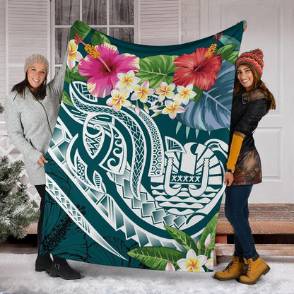 Tahiti Polynesian Premium Blanket - Summer Plumeria (Turquoise)