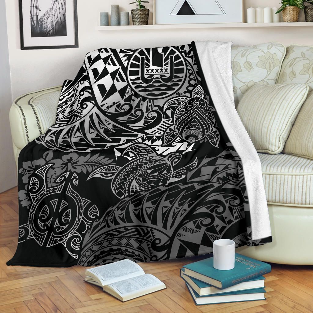 Tahiti Polynesian Premium Blanket - White Turtle Hibiscus Flowing