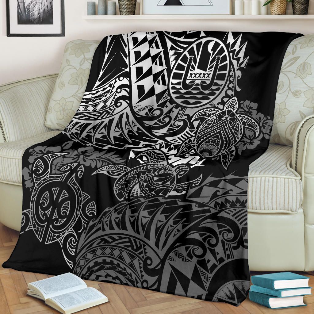 Tahiti Polynesian Premium Blanket - White Turtle Hibiscus Flowing