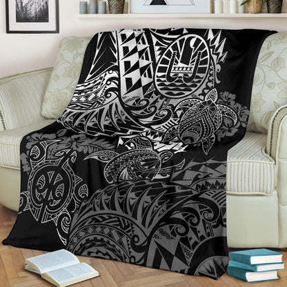 Tahiti Polynesian Premium Blanket - White Turtle Hibiscus Flowing
