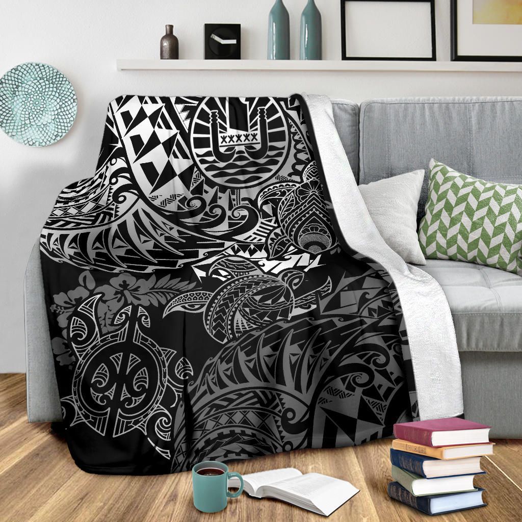 Tahiti Polynesian Premium Blanket - White Turtle Hibiscus Flowing