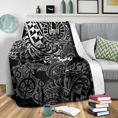 Tahiti Polynesian Premium Blanket - White Turtle Hibiscus Flowing