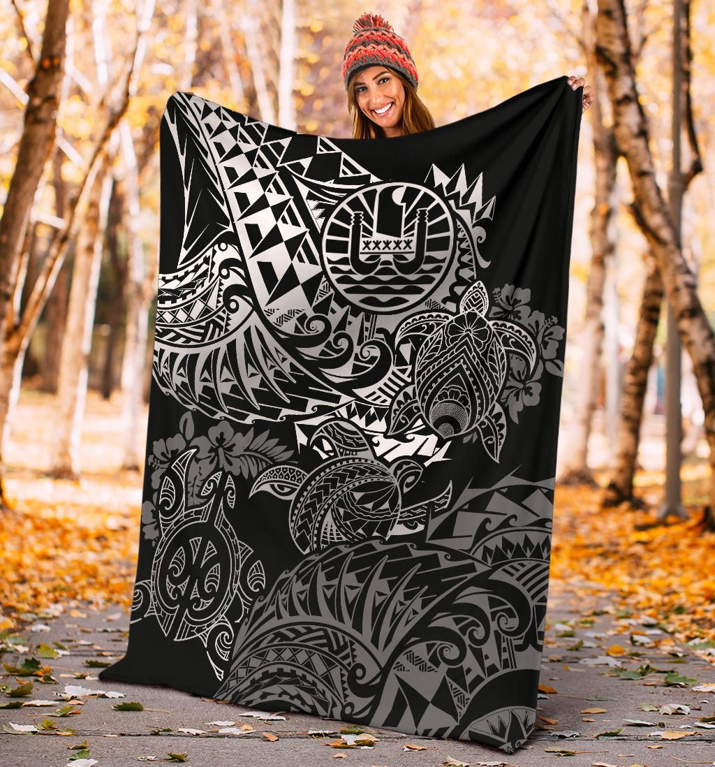 Tahiti Polynesian Premium Blanket - White Turtle Hibiscus Flowing