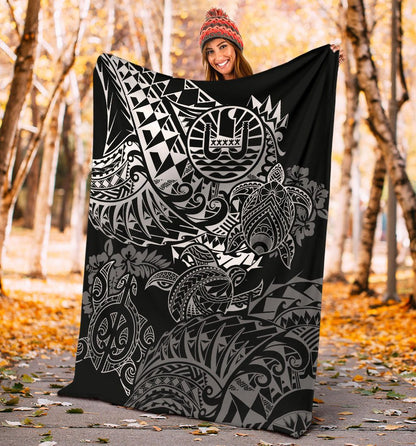 Tahiti Polynesian Premium Blanket - White Turtle Hibiscus Flowing