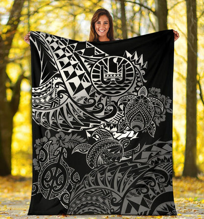 Tahiti Polynesian Premium Blanket - White Turtle Hibiscus Flowing