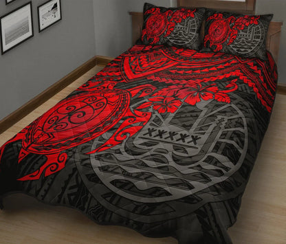 Tahiti Polynesian Quilt Bed Set - Tahiti Flag & Red Turtle Hibiscus Premium
