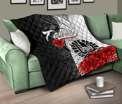 Tahiti Polynesian Premium Quilt - Coat Of Arm With Hibiscus White