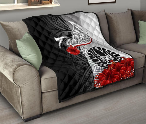 Tahiti Polynesian Premium Quilt - Coat Of Arm With Hibiscus White