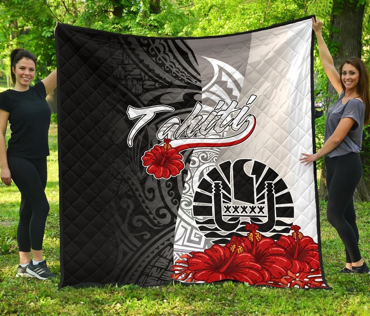 Tahiti Polynesian Premium Quilt - Coat Of Arm With Hibiscus White
