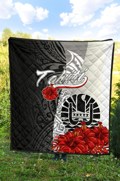 Tahiti Polynesian Premium Quilt - Coat Of Arm With Hibiscus White