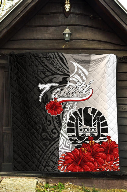 Tahiti Polynesian Premium Quilt - Coat Of Arm With Hibiscus White
