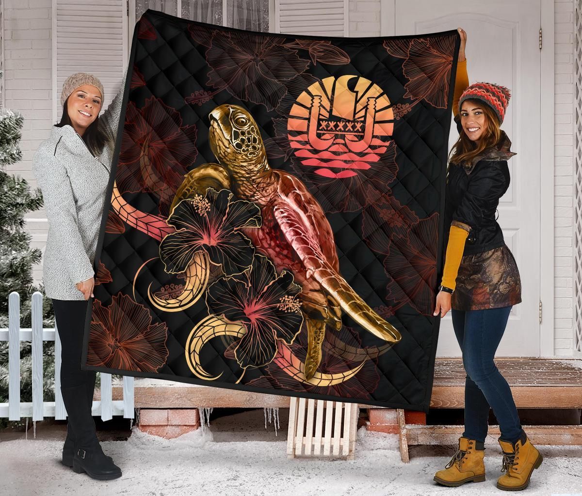 Tahiti Polynesian Premium Quilt - Turtle With Blooming Hibiscus Gold
