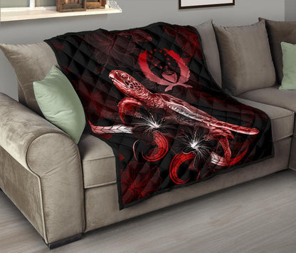 Tahiti Polynesian Premium Quilt - Turtle With Blooming Hibiscus Red