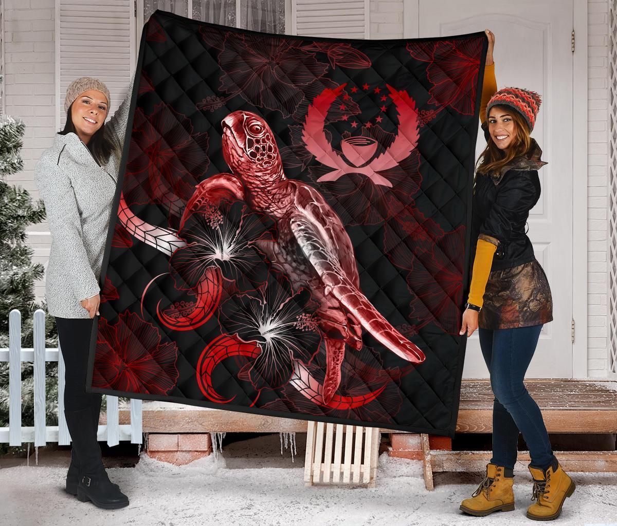 Tahiti Polynesian Premium Quilt - Turtle With Blooming Hibiscus Red