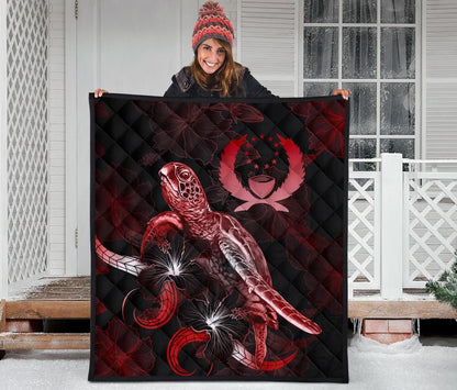 Tahiti Polynesian Premium Quilt - Turtle With Blooming Hibiscus Red