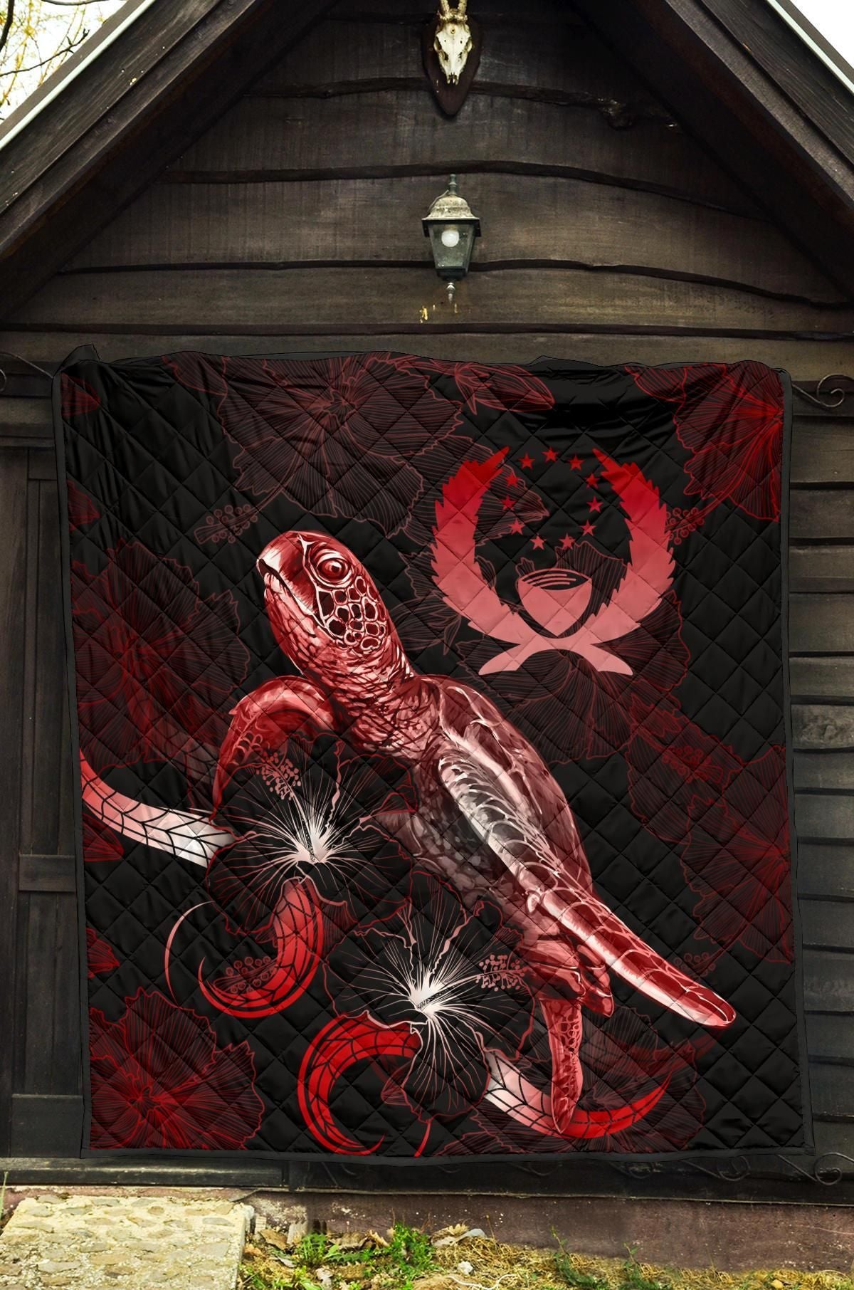 Tahiti Polynesian Premium Quilt - Turtle With Blooming Hibiscus Red