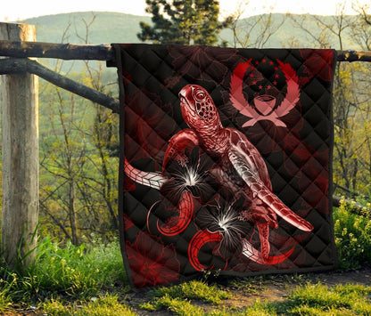 Tahiti Polynesian Premium Quilt - Turtle With Blooming Hibiscus Red