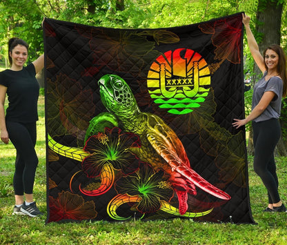 Tahiti Polynesian Premium Quilt - Turtle With Blooming Hibiscus Reggae