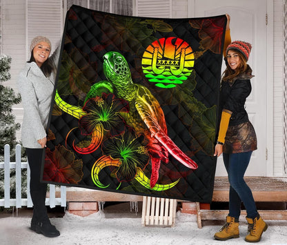 Tahiti Polynesian Premium Quilt - Turtle With Blooming Hibiscus Reggae
