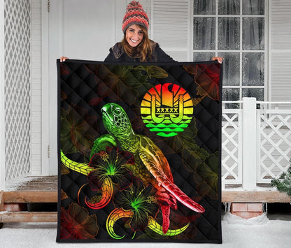 Tahiti Polynesian Premium Quilt - Turtle With Blooming Hibiscus Reggae