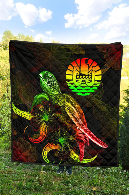 Tahiti Polynesian Premium Quilt - Turtle With Blooming Hibiscus Reggae