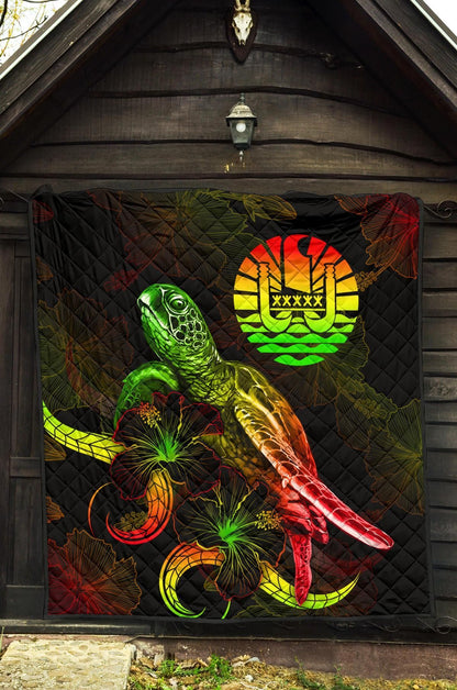 Tahiti Polynesian Premium Quilt - Turtle With Blooming Hibiscus Reggae