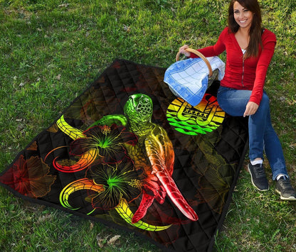 Tahiti Polynesian Premium Quilt - Turtle With Blooming Hibiscus Reggae