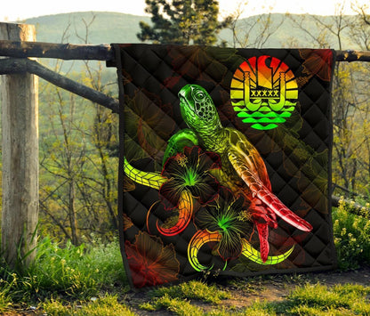 Tahiti Polynesian Premium Quilt - Turtle With Blooming Hibiscus Reggae