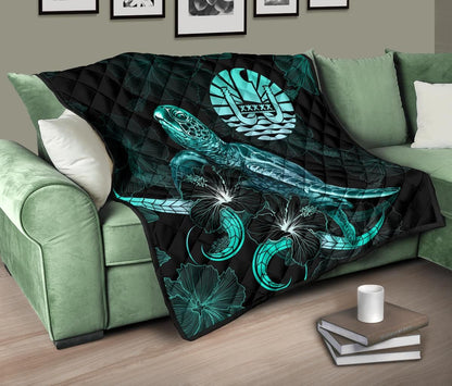 Tahiti Polynesian Premium Quilt - Turtle With Blooming Hibiscus Turquoise