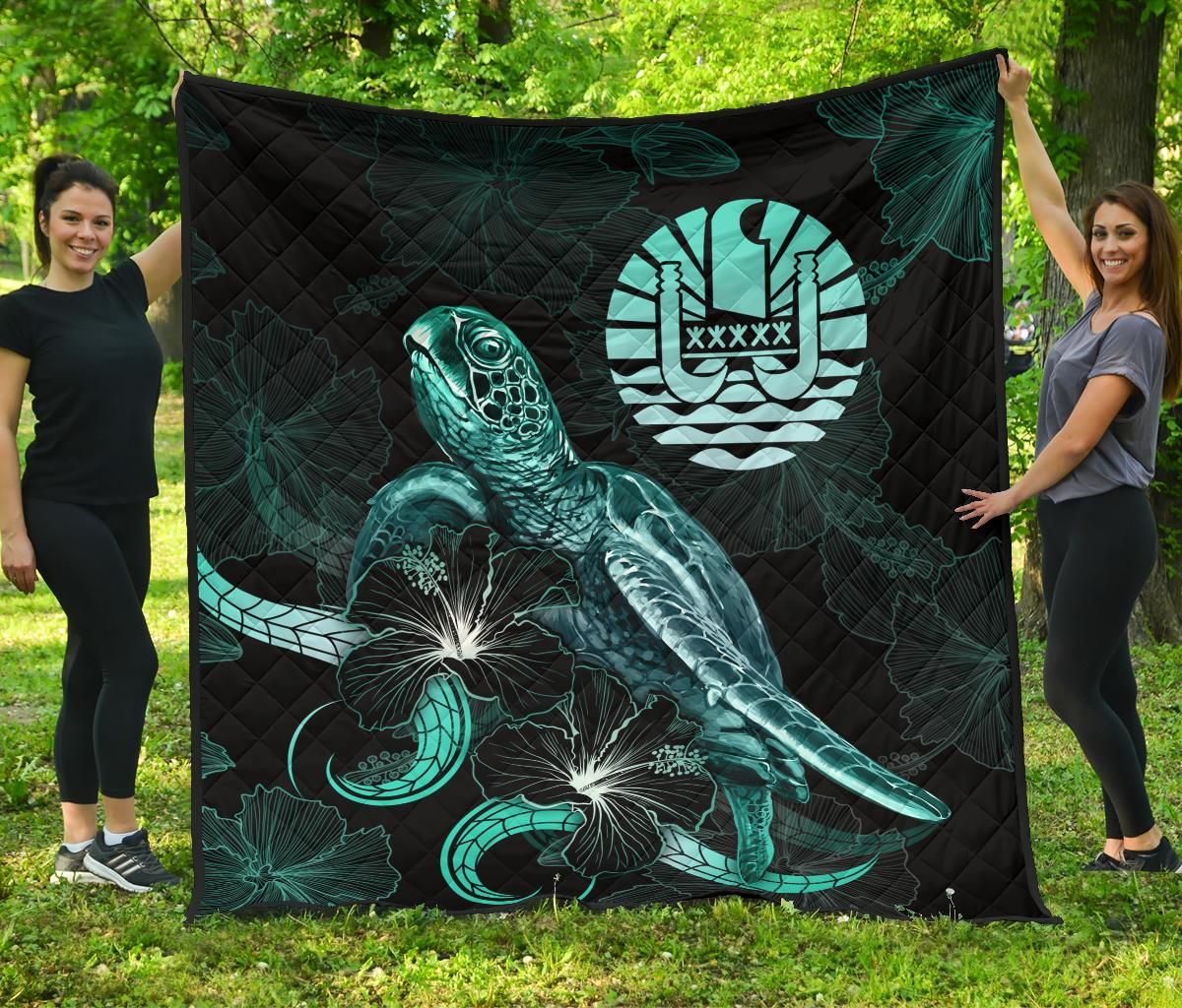 Tahiti Polynesian Premium Quilt - Turtle With Blooming Hibiscus Turquoise