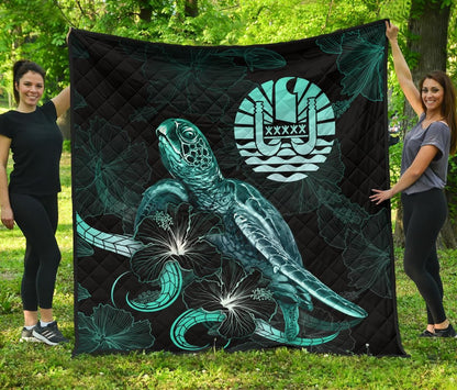 Tahiti Polynesian Premium Quilt - Turtle With Blooming Hibiscus Turquoise