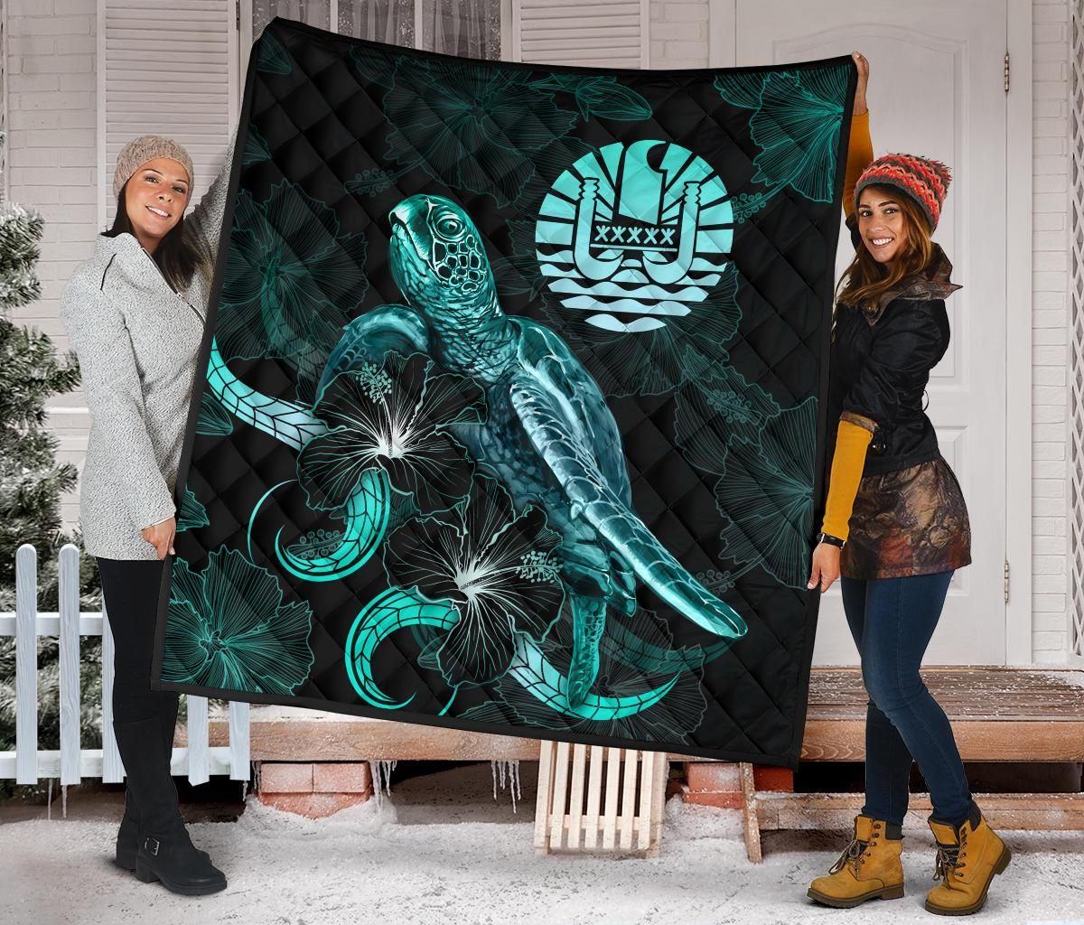 Tahiti Polynesian Premium Quilt - Turtle With Blooming Hibiscus Turquoise