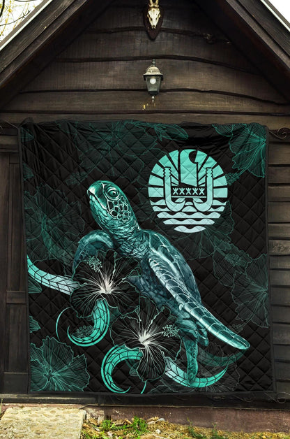 Tahiti Polynesian Premium Quilt - Turtle With Blooming Hibiscus Turquoise