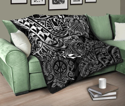 Tahiti Polynesian Premium Quilt - White Turtle Hibiscus Flowing