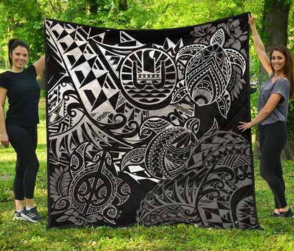 Tahiti Polynesian Premium Quilt - White Turtle Hibiscus Flowing