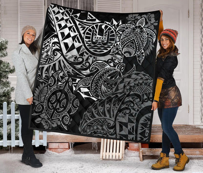 Tahiti Polynesian Premium Quilt - White Turtle Hibiscus Flowing