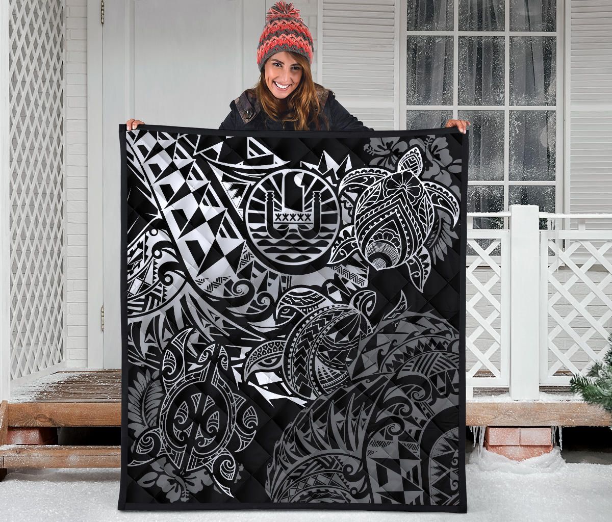 Tahiti Polynesian Premium Quilt - White Turtle Hibiscus Flowing