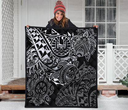 Tahiti Polynesian Premium Quilt - White Turtle Hibiscus Flowing