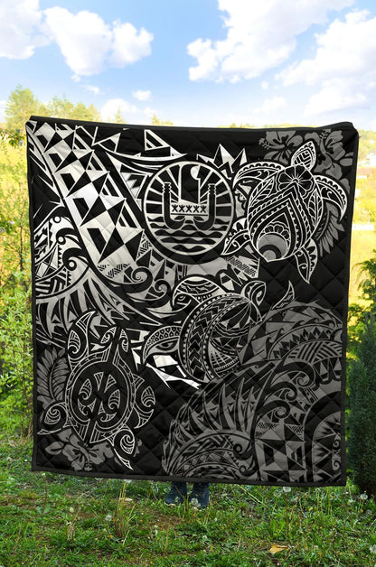 Tahiti Polynesian Premium Quilt - White Turtle Hibiscus Flowing